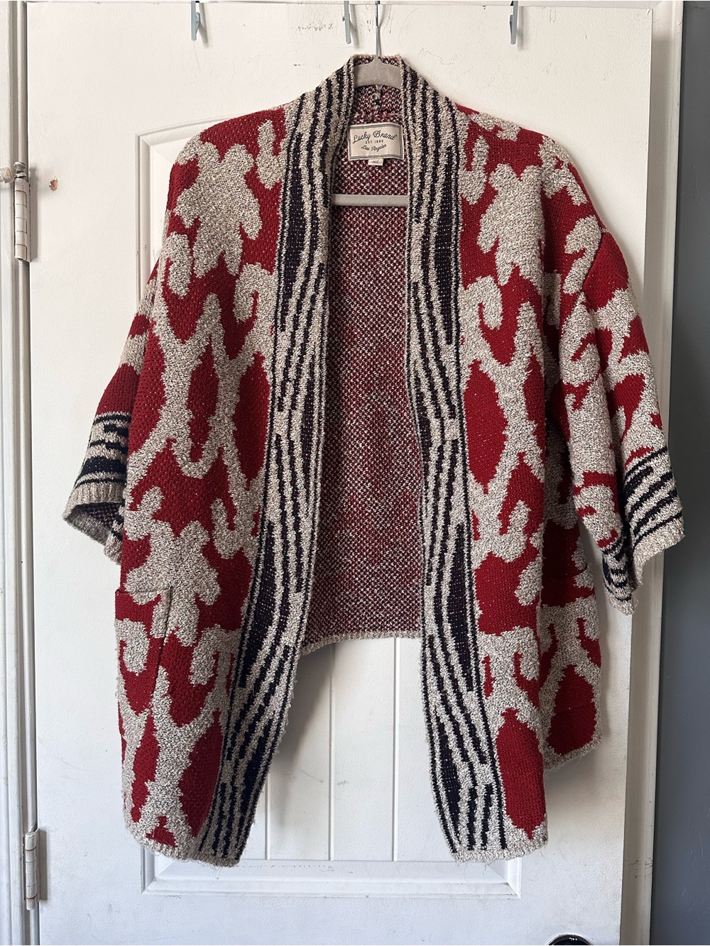 Lucky Brand Southwestern Aztec Knit Cardigan Sweater XS Red Cream Boho OpenFront